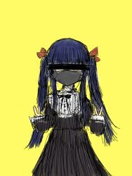 Rule 34 | 1girl, bar censor, black bow, black dress, black ribbon, black souls, black souls ii, blue hair, blunt bangs, bow, censored, double v, dress, frills, gothic lolita, hair bow, hair ribbon, identity censor, jaggy lines, lolita fashion, long hair, long sleeves, looking at viewer, mabel (black souls), mask, mouth mask, neck ribbon, official art, puffy sleeves, red bow, red ribbon, ribbon, sidelocks, simple background, sketch, smile, solo, standing, surgical mask, sushi yuusha toro, textless version, twintails, v, yellow background, yog-sothoth
