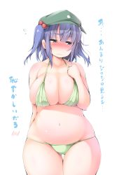 Rule 34 | 1girl, arm behind back, bare shoulders, bikini, blue eyes, blue hair, blunt bangs, blush, breasts, cabbie hat, cleavage, collarbone, curvy, embarrassed, green bikini, green headwear, groin, hair bobbles, hair ornament, hand on own chest, hand up, hat, highres, kawashiro nitori, large breasts, legs together, looking to the side, navel, nose blush, plump, shishi juuroku, sidelocks, simple background, skindentation, swimsuit, thigh gap, thighs, touhou, translated, two side up, white background, wide hips