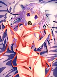 Rule 34 | 1girl, areola slip, bare shoulders, blush, breasts, candy, chocolate, chocolate heart, cleavage, commentary request, covered erect nipples, cowboy shot, d-pad, d-pad hair ornament, food, food in mouth, hair between eyes, hair ornament, heart, holding, holding ribbon, kazuneko (wktk1024), looking at viewer, lying, medium breasts, mouth hold, naked ribbon, nepgear, neptune (series), on back, on bed, purple eyes, purple hair, ribbon, smile, solo, valentine