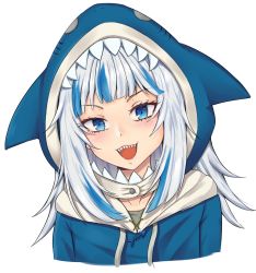Rule 34 | 1girl, blue eyes, blue hair, gawr gura, highres, hololive, hololive english, hood, hoodie, long hair, looking at viewer, multicolored hair, open mouth, ranox, sharp teeth, silver hair, simple background, smile, solo, teeth, two-tone hair, upper body, upper teeth only, virtual youtuber, white background