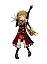 Rule 34 | 1girl, atlus, bag, brown eyes, etrian odyssey, eyebrows, hair ribbon, himukai yuuji, medic (sekaiju 4), official art, open mouth, raised fist, ribbon, sekaiju no meikyuu, sekaiju no meikyuu 4, short eyebrows, simple background, skirt, solo, standing, test tube, twintails, white background