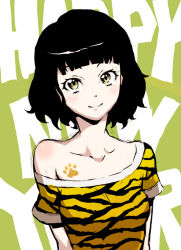 Rule 34 | 1girl, animal print, arms at sides, bare shoulders, black hair, blunt bangs, chinese zodiac, closed mouth, collarbone, english text, eyelashes, green background, happy new year, hoby, looking away, looking to the side, new year, off shoulder, original, paw print, shirt, short hair, smile, solo, text focus, tiger print, upper body, year of the tiger, yellow eyes
