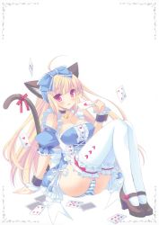 Rule 34 | 1girl, :d, absurdres, animal ears, bell, blonde hair, blush, bow, breasts, bridal garter, cameltoe, card, cat ears, cat tail, cleavage, collar, covered erect nipples, detached sleeves, highres, inugahora an, maid, mary janes, open mouth, original, panties, playing card, red eyes, ribbon, shoes, side-tie panties, sitting, smile, solo, string panties, striped clothes, striped panties, tail, thighhighs, underwear, white thighhighs, wrist cuffs