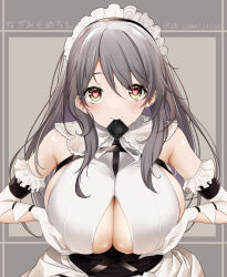 Rule 34 | 1girl, artist name, azur lane, breasts, breasts squeezed together, charybdis (azur lane), clothing cutout, commission, condom, condom in mouth, condom wrapper, earrings, elbow gloves, gloves, grey background, grey hair, heart, heart-shaped pupils, highres, jewelry, long hair, looking at viewer, maid, maid headdress, misato nagi, mouth hold, sideboob, skeb commission, solo, symbol-shaped pupils, underboob cutout, upper body, white gloves, yellow eyes