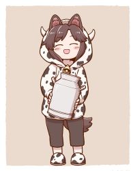 Rule 34 | 1girl, ^ ^, alternate costume, animal ears, animal print, bell, black pants, border, bottle, brown hair, brown tail, chinese zodiac, closed eyes, collarbone, cow hood, cow horns, cow print, full body, holding, horns, imaizumi kagerou, long sleeves, milk bottle, open mouth, pants, parted bangs, poronegi, simple background, smile, solo, standing, tail, touhou, white border, wolf ears, wolf tail, year of the ox