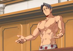 Rule 34 | 1boy, abs, ace attorney, black eyes, closed mouth, commentary, courtroom, english commentary, fingernails, grey hair, highres, indoors, male focus, male underwear, miles edgeworth, navel, nipples, parody, parted bangs, pectorals, polka dot, polka dot underwear, print male underwear, raised eyebrow, short hair, smirk, solo, spongebob squarepants (series), toned, toned male, underwear, underwear only, white male underwear, worvies
