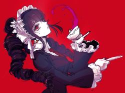 Rule 34 | 1girl, black hair, black nails, black thighhighs, bonnet, breasts, card, celestia ludenberg, cup, danganronpa: trigger happy havoc, danganronpa (series), drill hair, frilled sleeves, frills, from side, gothic lolita, gwanlamcha, holding, jacket, jewelry, lolita fashion, long hair, long sleeves, looking at viewer, nail polish, necktie, red background, red eyes, red necktie, simple background, smile, solo, thighhighs, twin drills, twintails, upper body
