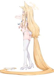 Rule 34 | 1girl, absurdres, animal, animal ear fluff, animal ears, ass, bikini, bird, blonde hair, blue archive, breasts, extra ears, fox ears, halo, high heels, highres, long hair, rnekon215, seia (blue archive), simple background, small breasts, solo, striped clothes, striped thighhighs, swimsuit, thighhighs, vertical-striped clothes, vertical-striped thighhighs, white background, white bikini, white bird, white footwear, white thighhighs, yellow eyes, yellow halo