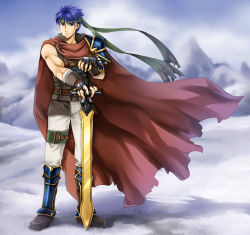 Rule 34 | 1boy, armor, armored boots, blue eyes, blue hair, boots, cape, fingerless gloves, fire emblem, fire emblem: path of radiance, fire emblem: radiant dawn, gauntlets, gloves, headband, highres, ike (fire emblem), male focus, matching hair/eyes, nintendo, pants, serious, solo, sword, weapon, yuino (fancy party)