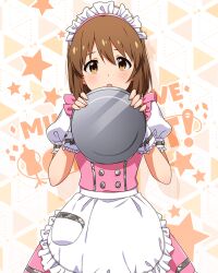 Rule 34 | 1girl, apron, blush, bow, bowtie, brown hair, butterfly ornament, dot nose, dress, frilled apron, frilled skirt, frills, hagiwara yukiho, hair between eyes, hiding, holding, holding plate, idolmaster, idolmaster (classic), idolmaster million live!, idolmaster million live! theater days, looking at viewer, maid headdress, official alternate costume, official art, open mouth, pink bow, pink bowtie, pink dress, plate, pretty waitress (idolmaster), puffy short sleeves, puffy sleeves, shirt, short hair, short sleeves, sidelocks, skirt, solo, star (symbol), starry background, straight hair, teeth, thighhighs, upper body, waist apron, waitress, white apron, white shirt, white thighhighs, wrist cuffs
