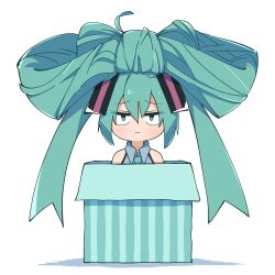 Rule 34 | 1girl, ahoge, blue eyes, blue hair, box, cinnamiku, closed mouth, collared shirt, commentary request, expressionless, full body, gift, gift box, gram 9, grey shirt, hair between eyes, hatsune miku, highres, in box, in container, long hair, medium bangs, raised eyebrows, shirt, simple background, sleeveless, sleeveless shirt, solo, updo, very long hair, vocaloid, white background