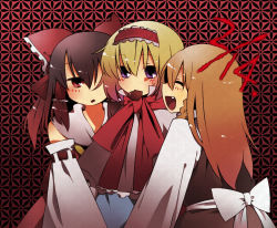 Rule 34 | 3girls, alice margatroid, bad id, bad pixiv id, blonde hair, blush, braid, chocolate, detached sleeves, dress, closed eyes, fang, female focus, hairband, hakurei reimu, japanese clothes, kirisame marisa, long hair, marisu, miko, multiple girls, purple eyes, red eyes, ribbon, short hair, touhou, yuri