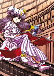 Rule 34 | 1girl, book, bow, capelet, cardigan, double bun, dress, female focus, frown, hair bow, hair bun, hat, indoors, library, long hair, looking at viewer, miyamoto ryuuchii, miyamoto ryuuichi, nightgown, patchouli knowledge, purple dress, purple eyes, railing, sitting, socks, solo, striped, touhou, vertical stripes, very long hair, voile