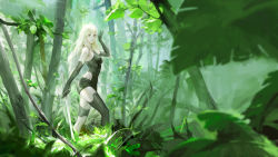 Rule 34 | 1girl, android, arm up, armlet, black gloves, black shorts, branch, elbow gloves, forest, gloves, highres, holding, holding sword, holding weapon, joints, jungle, leaf, long hair, looking at viewer, nature, nier (series), nier:automata, outdoors, pink lips, robot joints, san tez, short shorts, shorts, silver hair, solo, sunlight, sword, tank top, thighhighs, tree, walking, weapon, a2 (nier:automata)