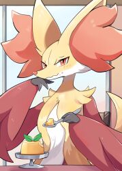 Rule 34 | creatures (company), crumbs, delphox, eating, food, game freak, gen 6 pokemon, holding, holding spoon, komanychi, looking at viewer, nintendo, pokemon, pokemon (creature), pudding, red eyes, solo, spoon, upper body