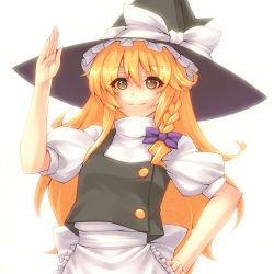 Rule 34 | 1girl, blonde hair, braid, female focus, hat, heart, kirisame marisa, long hair, salute, side braid, smile, solo, symbol-shaped pupils, touhou, tro, turtleneck, upper body, witch, witch hat, yellow eyes