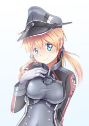 Rule 34 | 10s, 1girl, absurdres, anchor hair ornament, aqua eyes, arm behind back, blonde hair, blush, breasts, gloves, hair ornament, hand on own chest, hat, highres, kantai collection, large breasts, long hair, long sleeves, looking at viewer, military, military uniform, peaked cap, prinz eugen (kancolle), simple background, smile, solo, twintails, uniform, white background, white gloves, yasume yukito