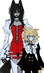 Rule 34 | 2girls, animal ear fluff, animal ears, bell, black bow, black dress, bow, bumblebee (transformers), collar, collarbone, colored skin, corset, dress, flat chest, genderswap, genderswap (mtf), gothic lolita, grey skin, highres, humanization, jewelry, juliet sleeves, lolita fashion, long hair, long sleeves, multiple girls, neck bell, necklace, no mouth, open mouth, puffy sleeves, red corset, red shorts, short hair, shorts, smile, solid eyes, starscream, thigh strap, transformers, uchikaze, white background, white collar