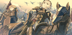 Rule 34 | 1girl, 2boys, 6+others, armor, army, barding, black eyes, blonde hair, breastplate, bridle, cavalry, closed mouth, cloud, commentary request, dated commentary, day, dragon, dutch angle, emblem, faceless, faceless male, fantasy, faulds, fire emblem, fire emblem fates, flag, flagpole, from below, frown, gauntlets, greaves, hair between eyes, half-closed eyes, harusame (rueken), helmet, holding, holding flag, holding lance, holding polearm, holding shield, holding spear, holding weapon, horse, horseback riding, ignatius (fire emblem), jitome, knight, lance, light brown hair, long sleeves, looking afar, medium hair, multiple boys, multiple others, nintendo, orange sky, outdoors, pauldrons, plate armor, polearm, reins, riding, saddle, shield, short hair, shoulder armor, sidelocks, sky, sophie (fire emblem), spear, standard bearer, standing, sunrise, thighhighs, tsurime, weapon, wyvern