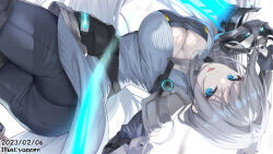 Rule 34 | 1girl, armor, ass, blue eyes, bodysuit, breast tattoo, breasts, cleavage, cleavage cutout, clothing cutout, commentary, dated, dual wielding, ethel (xenoblade), grey hair, hair intakes, holding, large breasts, looking at viewer, open mouth, pauldrons, shoulder armor, tattoo, white background, xenoblade chronicles (series), xenoblade chronicles 3, yappen