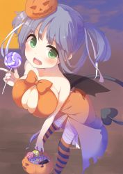 Rule 34 | 1girl, :d, bandages, basket, blue hair, bow, breasts, candy, cleavage, collarbone, dress, food, food-themed hair ornament, green eyes, hair ornament, halloween, halloween costume, highres, jack-o&#039;-lantern, large breasts, leaning forward, lollipop, open mouth, orange bow, original, pumpkin, pumpkin hair ornament, skindentation, smile, solo, strapless, strapless dress, striped clothes, striped legwear, striped thighhighs, sweets, thighhighs, tofu1601
