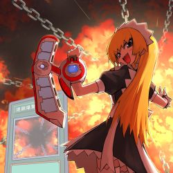 Rule 34 | 1girl, :d, black dress, black eyes, blonde hair, blush stickers, card, chain, commentary request, deck, deck of cards, dress, duel disk, fire, hand up, highres, long hair, looking at viewer, looking back, maid, maid headdress, open mouth, original, puffy short sleeves, puffy sleeves, sharp teeth, short sleeves, smile, solo, standing, teeth, upper teeth only, very long hair, wrist cuffs, yachima tana, yachimata kana, yu-gi-oh!