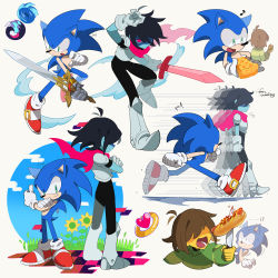 Rule 34 | 1boy, 1other, armor, armored boots, black bodysuit, black hair, blue skin, bodysuit, boots, brown hair, caliburn (sonic), chili dog, colored skin, crossed arms, deltarune, flower, food, furry, furry male, gloves, green eyes, hair between eyes, heart, highres, holding, holding food, holding knife, holding sword, holding weapon, knife, kris (deltarune), multiple views, musical note, pie, red eyes, red scarf, scarf, senjochi janai, shaded face, signature, sonic (series), sonic and the black knight, sonic the hedgehog, standing, sword, symbol-shaped pupils, thumbs up, weapon, white gloves