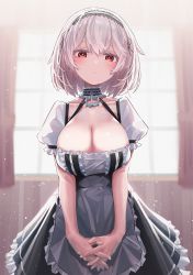 Rule 34 | 1girl, anchor choker, apron, azur lane, backlighting, black dress, blurry, blurry background, blush, breasts, choker, cleavage, closed mouth, collarbone, commentary request, cowboy shot, curtains, dress, expressionless, frilled apron, frilled choker, frilled dress, frilled sleeves, frills, hairband, highres, indoors, interlocked fingers, jewelry, lace-trimmed hairband, lace trim, large breasts, light particles, looking at viewer, maid, miyoshi nao (miyoshist), own hands together, pendant, puffy short sleeves, puffy sleeves, red eyes, short hair, short sleeves, silver hair, sirius (azur lane), solo, standing, two-tone dress, v arms, waist apron, white apron, white choker, white dress, white hairband, window