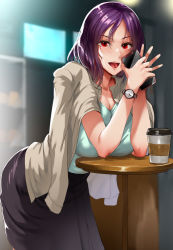 Rule 34 | 1girl, beige jacket, black skirt, breast rest, breasts, breasts on table, cellphone, cleavage, coffee cup, cup, disposable cup, green shirt, holding, holding phone, jacket, jacket on shoulders, large breasts, leaning forward, long hair, long skirt, mature female, nohito, open mouth, original, phone, purple hair, red eyes, shirt, shirt tucked in, skirt, smartphone, standing, table, watch