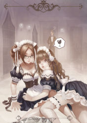 Rule 34 | 2girls, :o, blue eyes, bobo1983, breasts, brown eyes, brown hair, cleavage, corset, drill hair, fishnet legwear, fishnets, frilled legwear, glasses, highres, lips, long hair, looking at viewer, maid, maid headdress, multiple girls, open mouth, original, parted lips, sitting, thighhighs, twin drills, twintails, white legwear