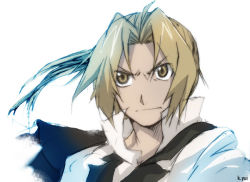 Rule 34 | 1boy, aged up, ahoge, angry, bad id, bad pixiv id, blonde hair, brown eyes, conqueror of shambala, edward elric, frown, fullmetal alchemist, long hair, male focus, ponytail, serious, simple background, solo, white background, yellow eyes, yui (karina-yui)