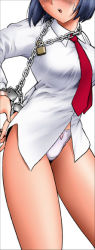 Rule 34 | 1girl, arms behind back, bdsm, blue hair, blush, bondage, bound, bound wrists, breasts, chain, cuffs, handcuffs, head out of frame, large breasts, legs, lock, necktie, no pants, original, padlock, panties, shingyouji tatsuya, short hair, solo, thighs, underwear