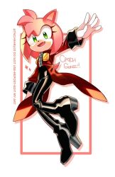 Rule 34 | 1girl, amy rose, animal ears, animal nose, arm up, artist name, black bodysuit, bodysuit, coat, cosplay, crossdressing, dr. eggman, dr. eggman (cosplay), english text, eyelashes, fang, furry, furry female, gloves, green eyes, hedgehog ears, hedgehog girl, hedgehog tail, long sleeves, looking at viewer, open mouth, pink fur, red coat, shadow, simple background, smile, solo, sonic (series), star (symbol), sucho, tail, tongue, white background, white gloves