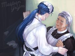 Rule 34 | 2boys, absurdres, alternate costume, apron, archer (fate), blue hair, blush, clothes lift, crossdressing, cu chulainn (fate), cu chulainn (fate/stay night), dress, earrings, embarrassed, fate/stay night, fate (series), grey eyes, hair ribbon, hat, highres, inamugi, jewelry, long hair, long sleeves, looking at another, maid, maid headdress, male focus, mob cap, multiple boys, open mouth, ponytail, ribbon, short hair, silver hair, skirt, skirt lift, spiked hair, yaoi