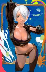 Rule 34 | 1girl, angel (kof), arms behind head, arms up, blue eyes, boots, bra, breasts, chaps, cowboy boots, cropped jacket, fingerless gloves, gloves, hair over one eye, jacket, large breasts, leather, leather jacket, looking at viewer, nao3art, navel, smile, snk, solo, strapless, strapless bra, the king of fighters, the king of fighters 2001, the king of fighters all-stars, the king of fighters xiv, toned, underwear, white hair