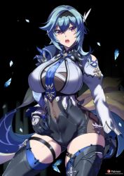 Rule 34 | 1girl, black background, blue neckwear, breasts, covered navel, cowboy shot, eula (genshin impact), genshin impact, hairband, highres, large breasts, long sleeves, open mouth, simple background, solo, thighhighs, torahime (roland00)