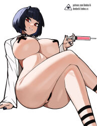 Rule 34 | 1girl, areola slip, artist logo, black hair, black nails, blunt bangs, coat, commentary, crossed legs, donburi (donburikazoku), fanbox username, highres, holding, holding syringe, invisible chair, lab coat, lab coat, long sleeves, looking at viewer, maebari, nail polish, naked coat, naked labcoat, open clothes, open coat, partially visible vulva, pasties, patreon username, persona, persona 5, red eyes, short hair, simple background, sitting, solo, studded choker, syringe, takemi tae, thighs, watermark, web address, white coat