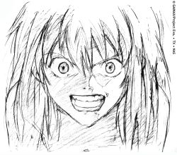 Rule 34 | 1girl, angry, crazy eyes, creepy, the end of evangelion, female focus, furious, greyscale, horror (theme), long hair, looking at viewer, monochrome, neon genesis evangelion, official art, sketch, solo, souryuu asuka langley, teeth