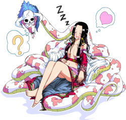 Rule 34 | ?, amazon lily, amazon warrior, barefoot, black hair, blush, boa hancock, breasts, cape, cleavage, closed eyes, crossed legs, dreaming, drooling, earrings, epaulettes, feet, heart, jewelry, long hair, midriff, miitoban, off shoulder, one piece, open mouth, saliva, salome (one piece), sitting, skull, sleeping, snake