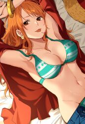 Rule 34 | 1dot 297, 1girl, armpits, arms up, bed sheet, bikini, bikini top only, blue pants, bracelet, breasts, brown eyes, chiya op, cleavage, collaboration, collarbone, commentary request, earrings, green bikini, groin, hat, highres, jewelry, large breasts, long hair, looking at viewer, lying, midriff, nami (one piece), navel, on back, one piece, open clothes, open fly, open shirt, orange hair, pants, pearl earrings, red shirt, shirt, sidelocks, solo, straw hat, swept bangs, swimsuit, tongue, tongue out