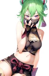 Rule 34 | 1girl, absurdres, arm support, bare arms, bare shoulders, black gloves, black nails, black shirt, black shorts, breasts, crop top, fingerless gloves, genshin impact, gloves, green hair, hand up, highres, kuki shinobu, long hair, looking at viewer, mask, medium breasts, midriff, mouth mask, nail polish, navel, ponytail, purple eyes, shirt, short shorts, shorts, simple background, sitting, sleeveless, sleeveless shirt, solo, stomach, thighs, white background, xkirara39x