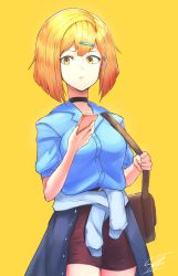 Rule 34 | 1girl, absurdres, bag, blonde hair, grimmelsdathird, hair ornament, hairclip, highres, holding, holding phone, looking down, original, phone, school bag, short hair, signature, solo, yellow background, yellow eyes