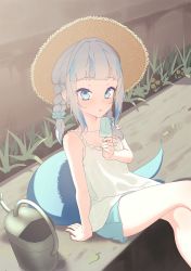 Rule 34 | 1girl, absurdres, alternate costume, alternate hairstyle, bare legs, blouse, blue eyes, blue hair, blue nails, blue scrunchie, braid, collarbone, crossed legs, day, fins, fish tail, flat chest, food, gawr gura, hair ornament, hair scrunchie, hat, highres, hololive, hololive english, leaf, looking at viewer, lucasyecla99, multicolored hair, nail polish, outdoors, popsicle, scrunchie, shark tail, shirt, short shorts, shorts, sitting, sleeveless, sleeveless shirt, solo, streaked hair, summer, sun hat, sunlight, tail, twin braids, virtual youtuber, watering can, white hair, white shirt