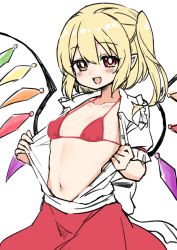 Rule 34 | 1girl, :d, bikini, blonde hair, blush, breasts, bright pupils, collarbone, fang, flandre scarlet, highres, looking at viewer, medium hair, navel, one side up, open mouth, pointy ears, puffy short sleeves, puffy sleeves, red bikini, red eyes, red skirt, short sleeves, simple background, skirt, small breasts, smile, solo, suwa yasai, swimsuit, symbol-only commentary, touhou, undressing, upper body, white background, white pupils, wings