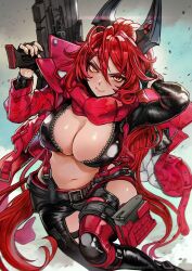Rule 34 | 1girl, anti-materiel rifle, black gloves, breasts, bullpup, cleavage, fingerless gloves, gloves, goddess of victory: nikke, gun, hair between eyes, highres, holding, holding gun, holding weapon, horns, jacket, large breasts, leather, leather jacket, long hair, long sleeves, looking at viewer, magion02, mechanical horns, navel, red hair, red hood (nikke), red scarf, rifle, scarf, sidelocks, smile, sniper rifle, solo, weapon, wide hips, yellow eyes