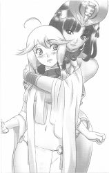 Rule 34 | 1boy, 1girl, absurdres, age difference, ahoge, ancient princess menace, bare shoulders, blunt bangs, blush, child, clenched hand, clenched teeth, cowboy shot, crop top, crown, egypt, egyptian, eiwa, embarrassed, fiotiel shalaklard, flipped hair, greyscale, hair tubes, halterneck, head tilt, highres, hug, hug from behind, loincloth, menace (queen&#039;s blade), menace (queen's blade), midriff, monochrome, navel, non-web source, o-ring, o-ring bottom, official art, panties, parted bangs, queen&#039;s blade, scan, scan artifacts, shawl, short hair, sidelocks, simple background, smile, snake, standing, teeth, tiara, trap, underwear