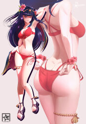 Rule 34 | 1girl, absurdres, adjusting clothes, adjusting swimsuit, aldafera art, armpits, artist name, ass, bare shoulders, bikini, black cape, black hair, breasts, butt crack, cape, cleavage, commentary, english commentary, fire emblem, fire emblem awakening, fire emblem heroes, flower, flower bracelet, full body, grin, groin, hair ornament, highres, long hair, looking at viewer, medium breasts, multiple views, navel, nintendo, o-ring, o-ring bikini, official alternate costume, purple eyes, red bikini, sandals, shaded face, simple background, smile, swimsuit, tharja (fire emblem), tharja (summer) (fire emblem), thigh strap, tiara, two side up