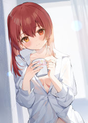 Rule 34 | 1girl, alternate costume, blush, breasts, collarbone, commentary, cup, hair between eyes, hair down, hana mori, highres, holding, holding cup, hololive, houshou marine, long hair, medium breasts, naked shirt, no headwear, red eyes, red hair, red shirt, shirt, smile, solo, upper body, virtual youtuber, white shirt, yellow eyes