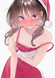 Rule 34 | 1girl, absurdres, bare shoulders, black hair, blush, christmas, clenched teeth, collarbone, commentary request, dress, embarrassed, flat chest, full-face blush, fur trim, furrowed brow, hand on own shoulder, hat, highres, long hair, looking at viewer, low twintails, original, parted lips, purple eyes, red dress, red hat, rinku (rin9), santa costume, santa hat, simple background, sleeveless, sleeveless dress, solo, spaghetti strap, strap slip, tearing up, teeth, twintails, upper body, v-shaped eyebrows, wavy mouth, white background