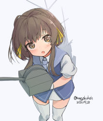 Rule 34 | 1girl, adapted turret, black hair, blue dress, brown eyes, cannon, dress, feet out of frame, from above, gloves, kangoku kou, kantai collection, looking at viewer, necktie, sailor collar, shirt, short hair, short hair with long locks, simple background, solo, standing, thighhighs, turret, ukuru (kancolle), white background, white gloves, white shirt, white thighhighs